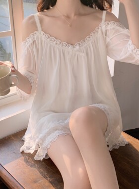 夏季超薄伪娘连衣裙性感白色蕾丝垂感吊带丝滑家居女装大佬睡裙