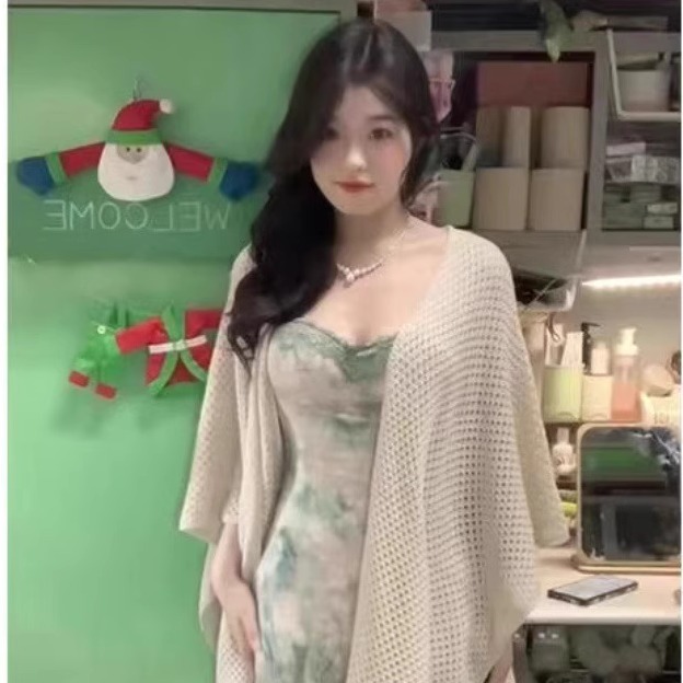 大码新中式蕾丝碎花吊带长裙套装