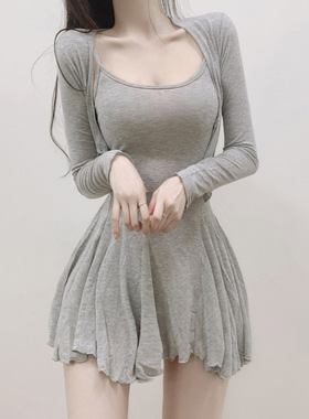 性感长袖低胸反串女装大佬连衣裙套装直播吊带开衫伪娘服装两件套