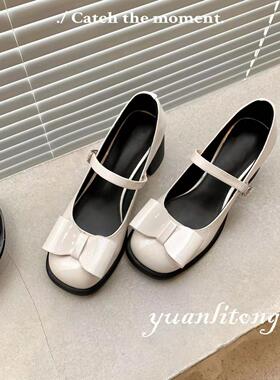 大码34-43百搭圆头伪娘高跟鞋粗跟蝴蝶结玛丽珍女装大佬cos乐福鞋