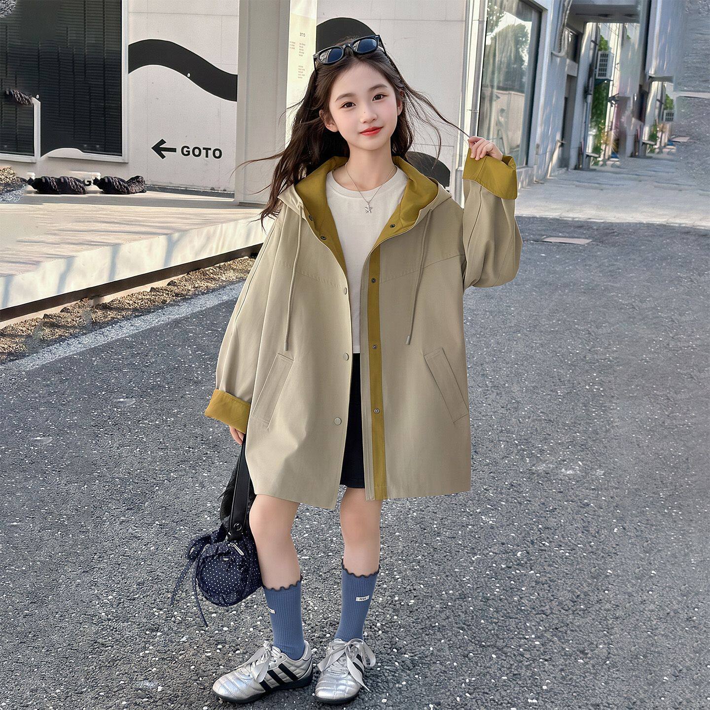 女童风衣外套春秋中长款儿童韩版洋气时髦中大童女孩秋季连帽上衣