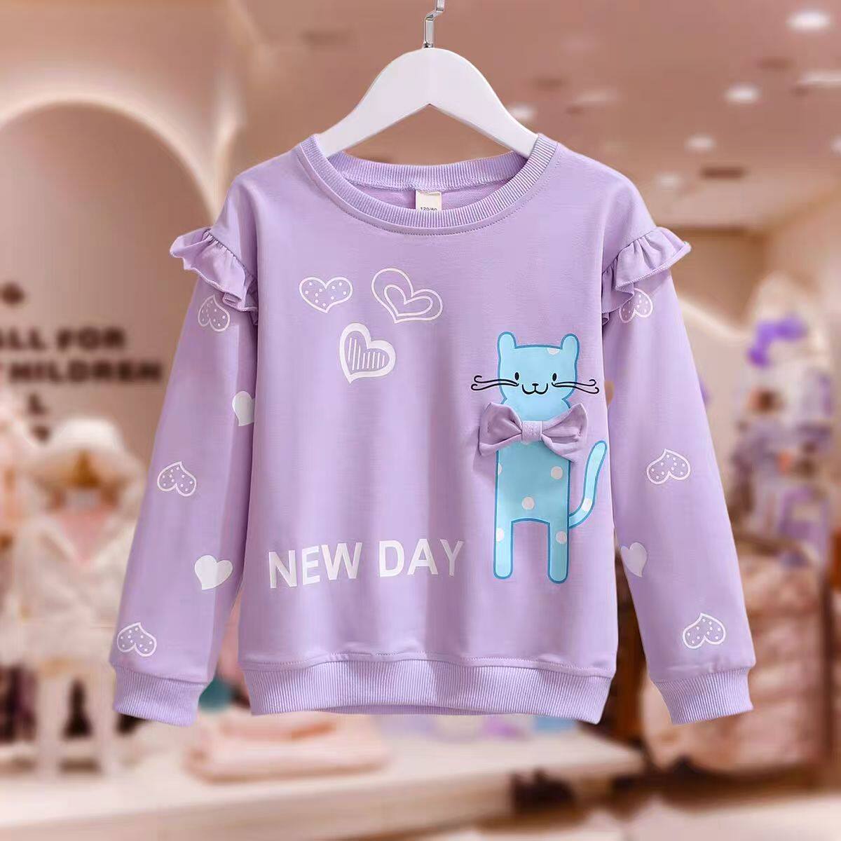 韩版女童蝴蝶结卡通猫咪卫衣春秋长袖上衣洋气时髦儿童时尚运动衫