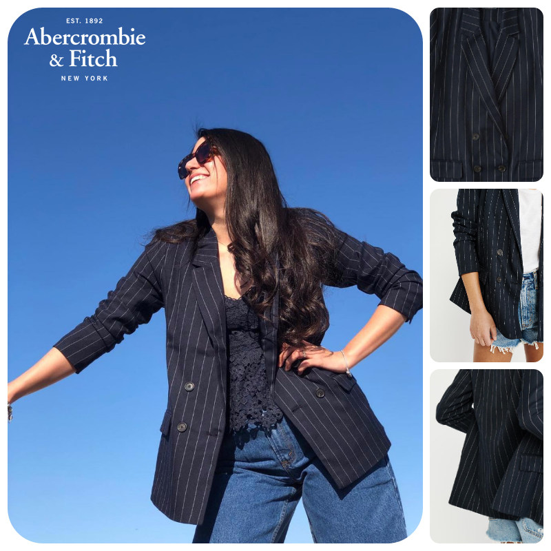 ABERCROMBIE FITCH FAWN AF WOMENS CASUAL BLAZER PLAID STRIPED DOUBLE-BREASTED 248407