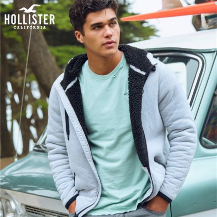 美国Hollister海鸥冬加绒加厚卫衣男连帽拉链羊羔绒外套休闲学生