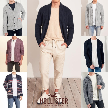 Hollister美国秋毛衣开衫男苹果领V领外套上衣外穿针织衫潮流百搭