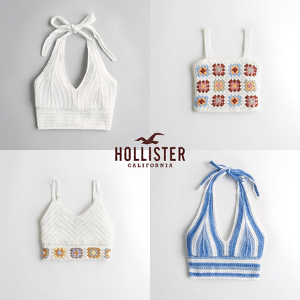 美国Hollister夏季短款吊带背心女挂脖镂空针织飞袖沙滩度假内搭