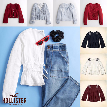 Hollister海鸥春夏薄长袖T恤上衣女百搭雪纺显瘦时尚洋气学生气质
