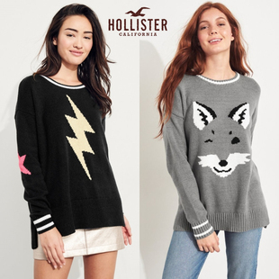 Hollister海鸥薄圆领毛衣女打底宽松外穿复古针织衫休闲卡通学生