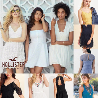 正品Hollister夏季吊带连衣裙女蕾丝收腰背心黑色性感修身短款Ins