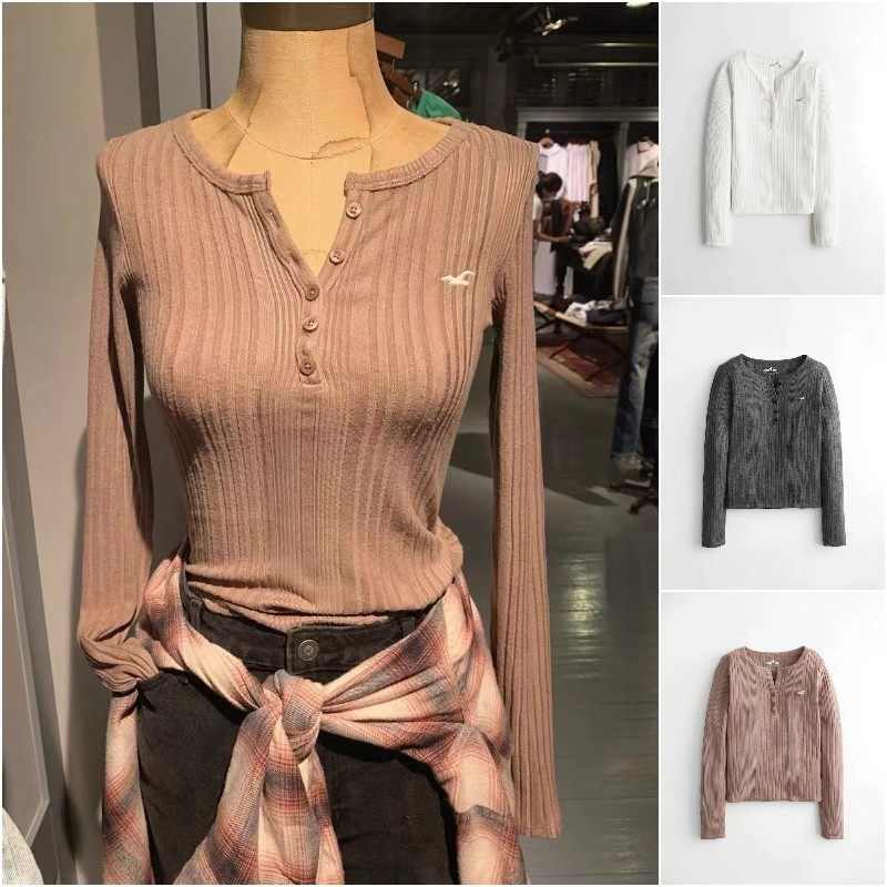 美国正品Hollister海鸥长袖V领T恤女亨利领纽扣修身打底纯色休闲