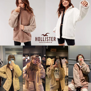 美国Hollister秋冬加绒保暖羊羔绒外套女加厚开衫卫衣两面穿宽松