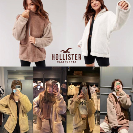 美国Hollister秋冬加绒保暖羊羔绒外套女加厚开衫卫衣两面穿宽松