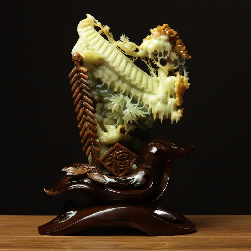 尚品美格 天然玉石岫玉摆件花玉王原石一体雕刻玉竹竹报平安DA140