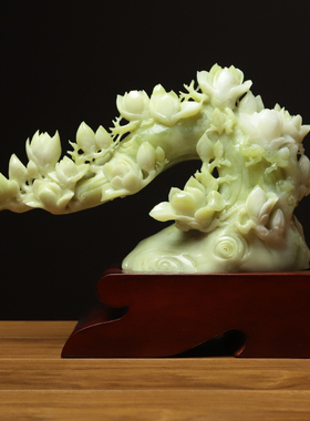 尚品美格 天然岫玉摆件 原石原色手雕花卉玉兰富贵 高端礼品EA317