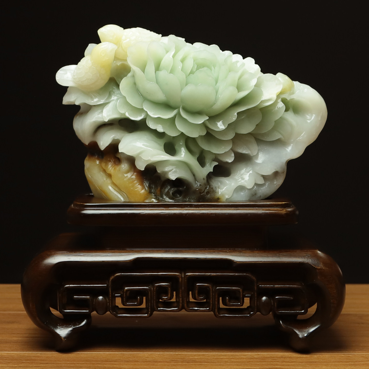 尚品美格 天然玉石岫玉玄关摆件 保真原石精雕牡丹花卉 礼品EA938