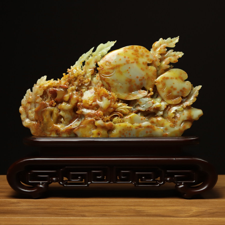 尚品美格 天然玉石岫玉摆件花玉红色原石雕刻富贵鱼鸿运连连DA978