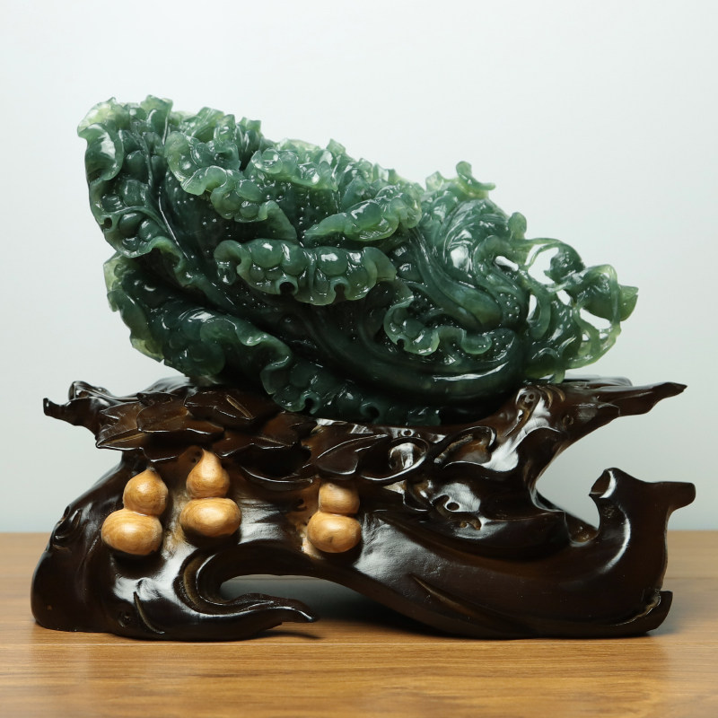 尚品美格 天然岫玉180料摆件 深绿原石原色白菜开业礼品佰财da826