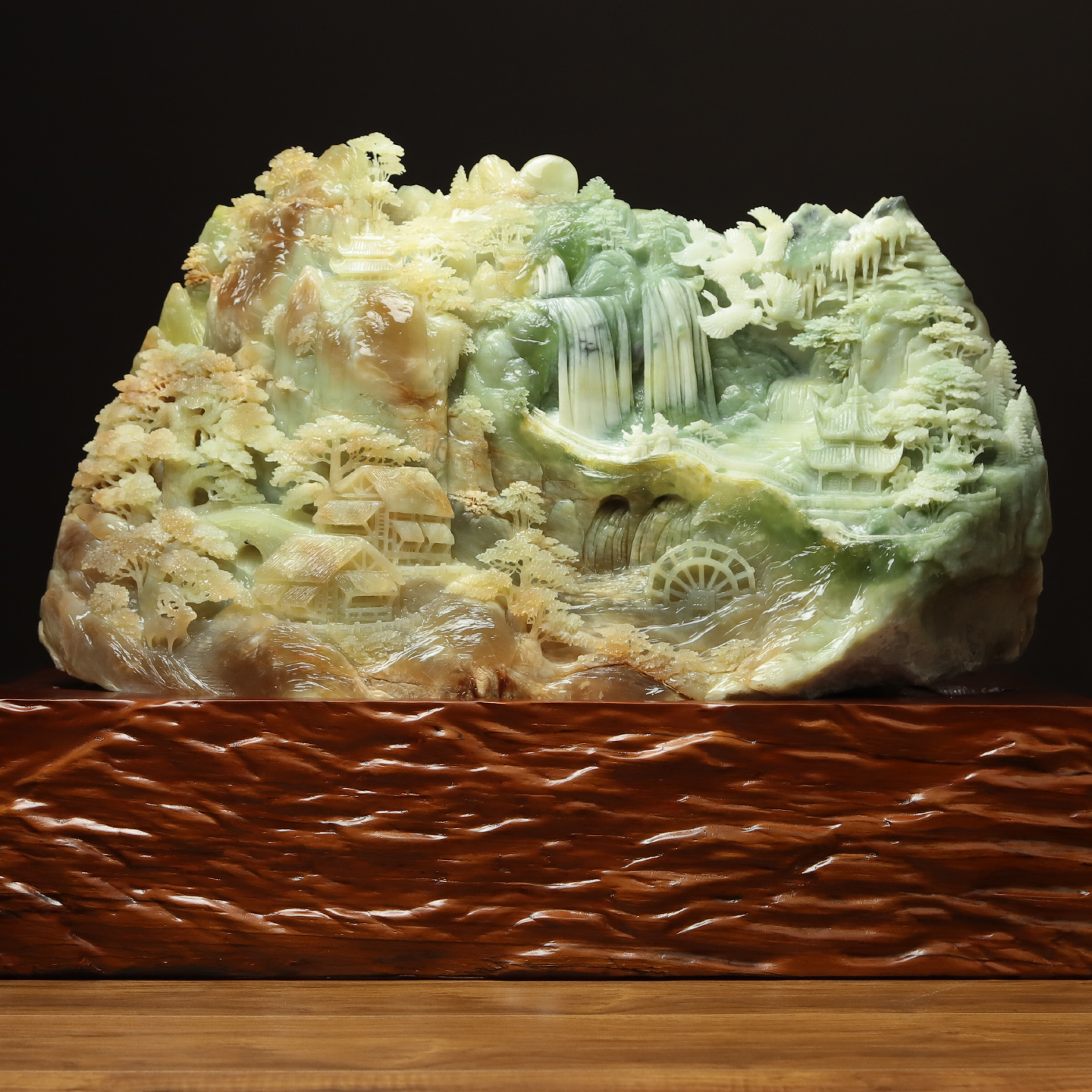 尚品美格天然玉石岫玉大型玄关摆件原石原色一体精雕意境山水FA79