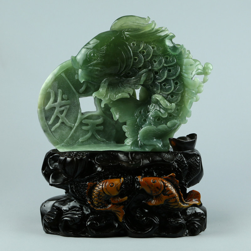 天然玉石岫玉180摆件 精品绿料原石一体雕刻锦鲤鱼摆件招财S87H