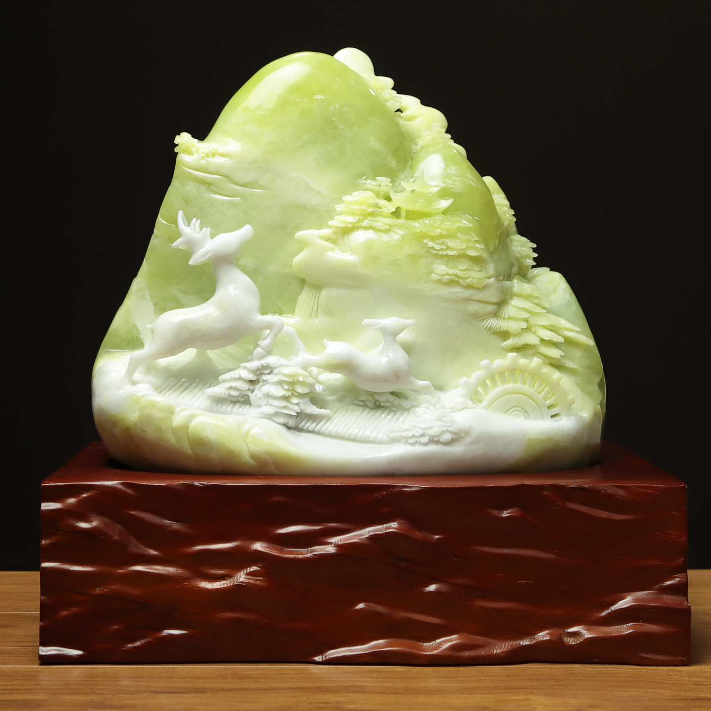 尚品美格 天然玉石玄关摆件 岫玉原色精雕福鹿山水 路路通 EA959