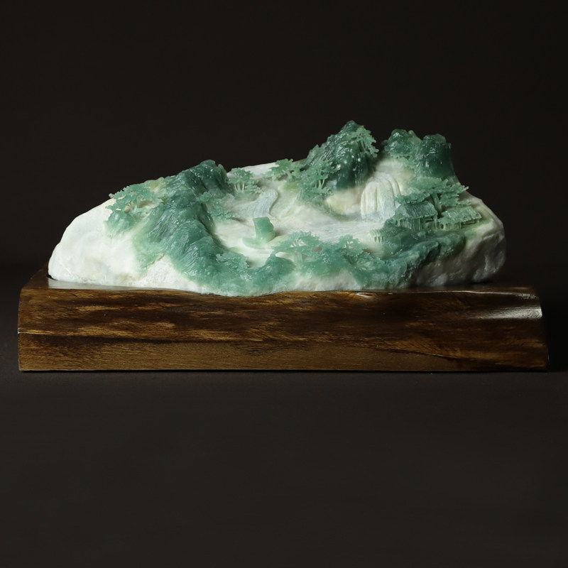 尚品美格天然玉石摆件 湖水绿原石雕刻意境山水 源远流长 ca262