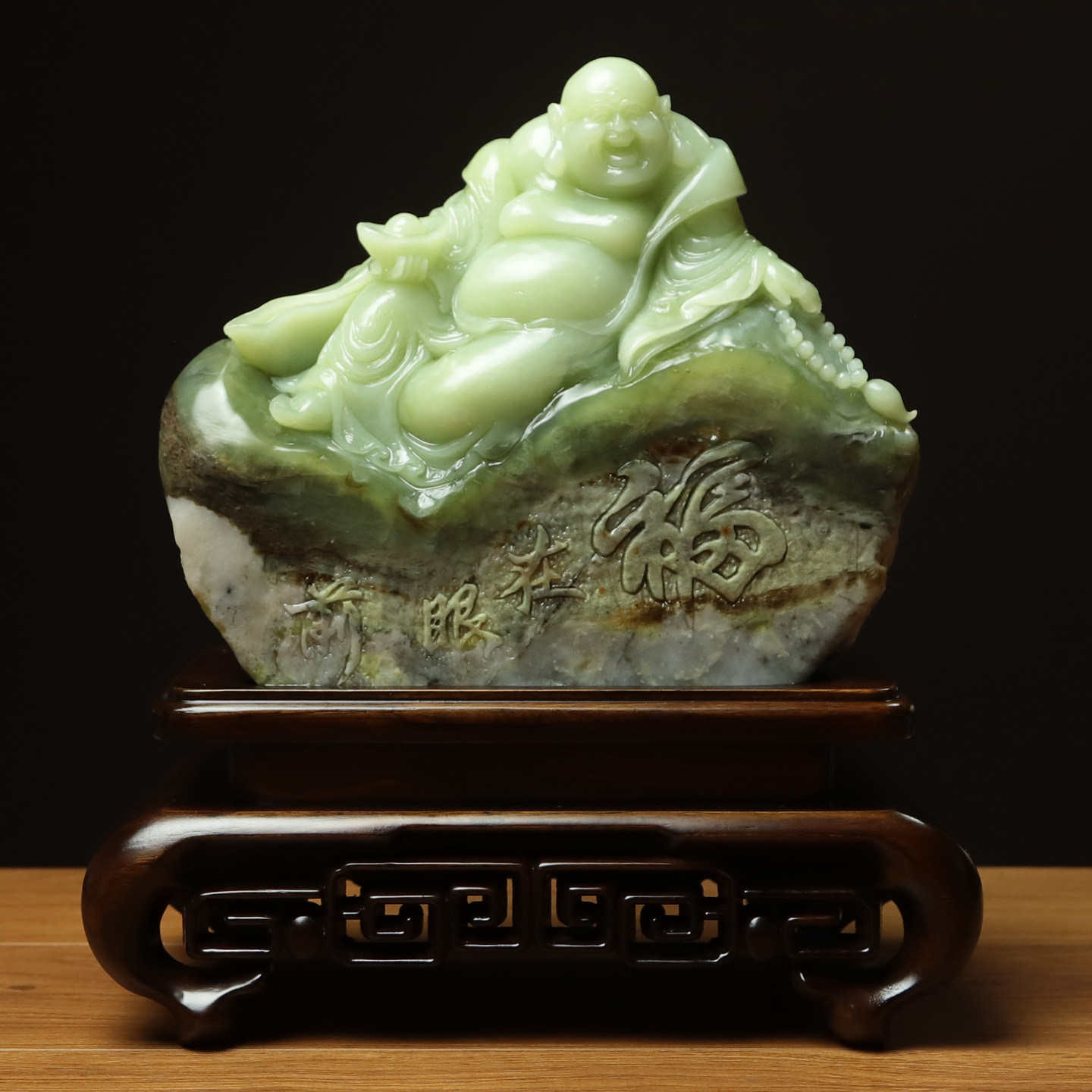 尚品美格 天然玉石岫玉风水摆件 整料原色精雕玉佛 笑口常开FA323