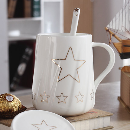 创意个性可爱陶瓷杯子水杯情侣马克杯咖啡牛奶杯带盖勺活动礼品