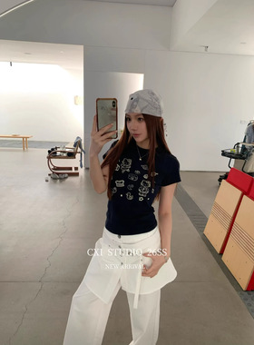 趣味甜辣kity猫正肩短袖T恤女美式复古修身显瘦辣妹上衣百搭