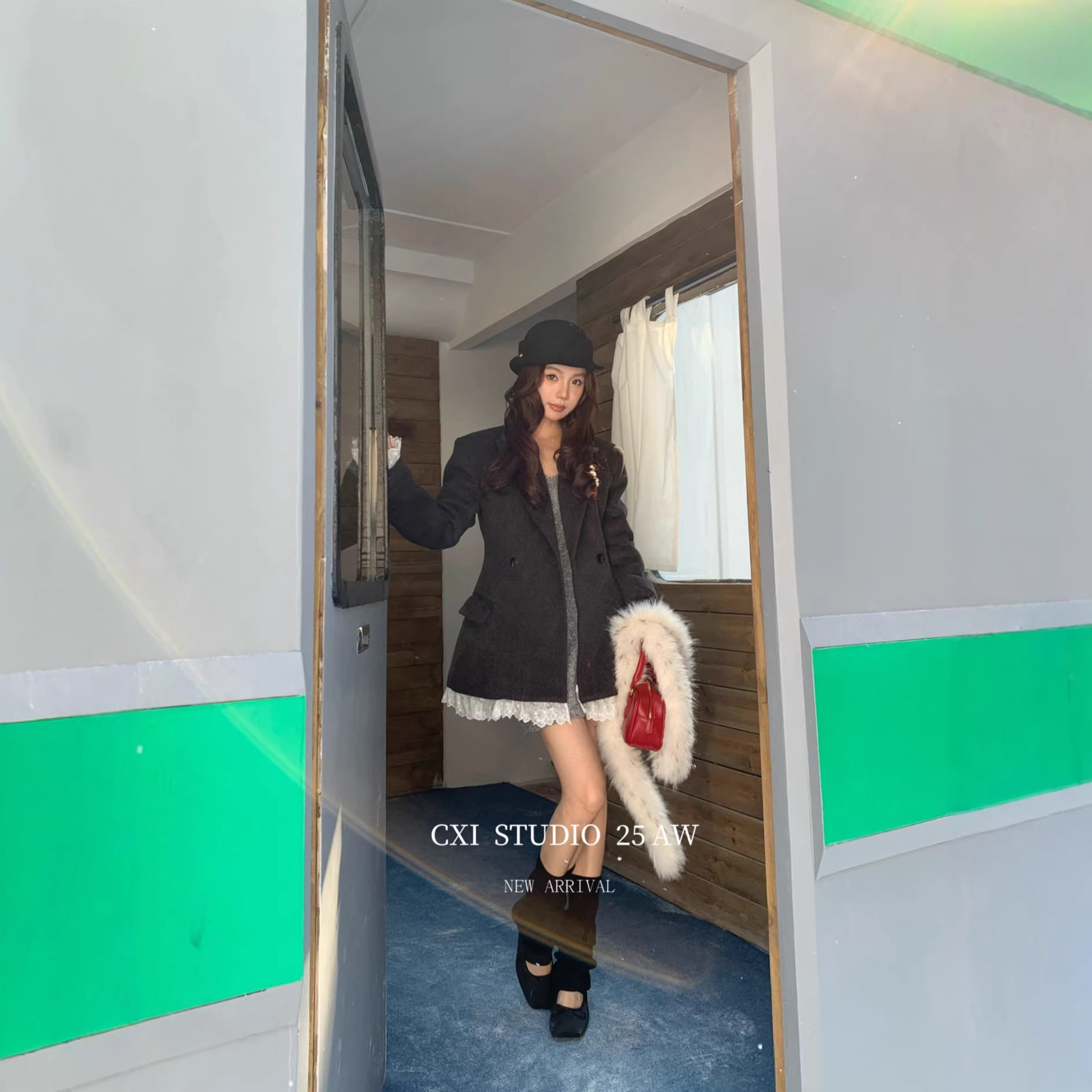 CXI 灰色羊毛西装外套女冬季高级感蕾丝拼接大衣小个子中长款西装,女装/女士精品,西装,淘宝优惠券,粉丝福利购,淘宝优惠卷