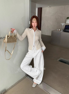 春季新款条纹翻领开衫针织衫修身长袖打底衫休闲显瘦上衣T恤