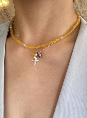 小众设计感黄色串珠喜鹊项链女小众设计森系精致新中式锁骨链配饰