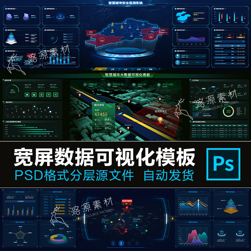 数据可视化大屏展示屏统计图表智慧城市ui元素psd模板素材源文件