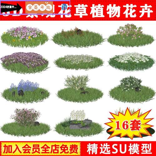 草图大师3D地被植物花草茅草景观草丛花丛花卉草皮杂草芦苇SU模型