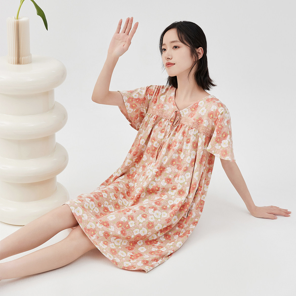 女士短袖纯棉套头V领裙可外出门