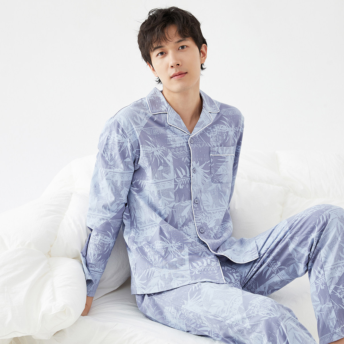 顶瓜瓜家居服男春秋款顶呱呱时尚简约男士纯棉长袖可外穿家居套装