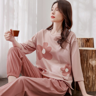 顶呱呱纯棉睡衣春夏季女士甜美七分袖长裤空调房可外穿家居服套装