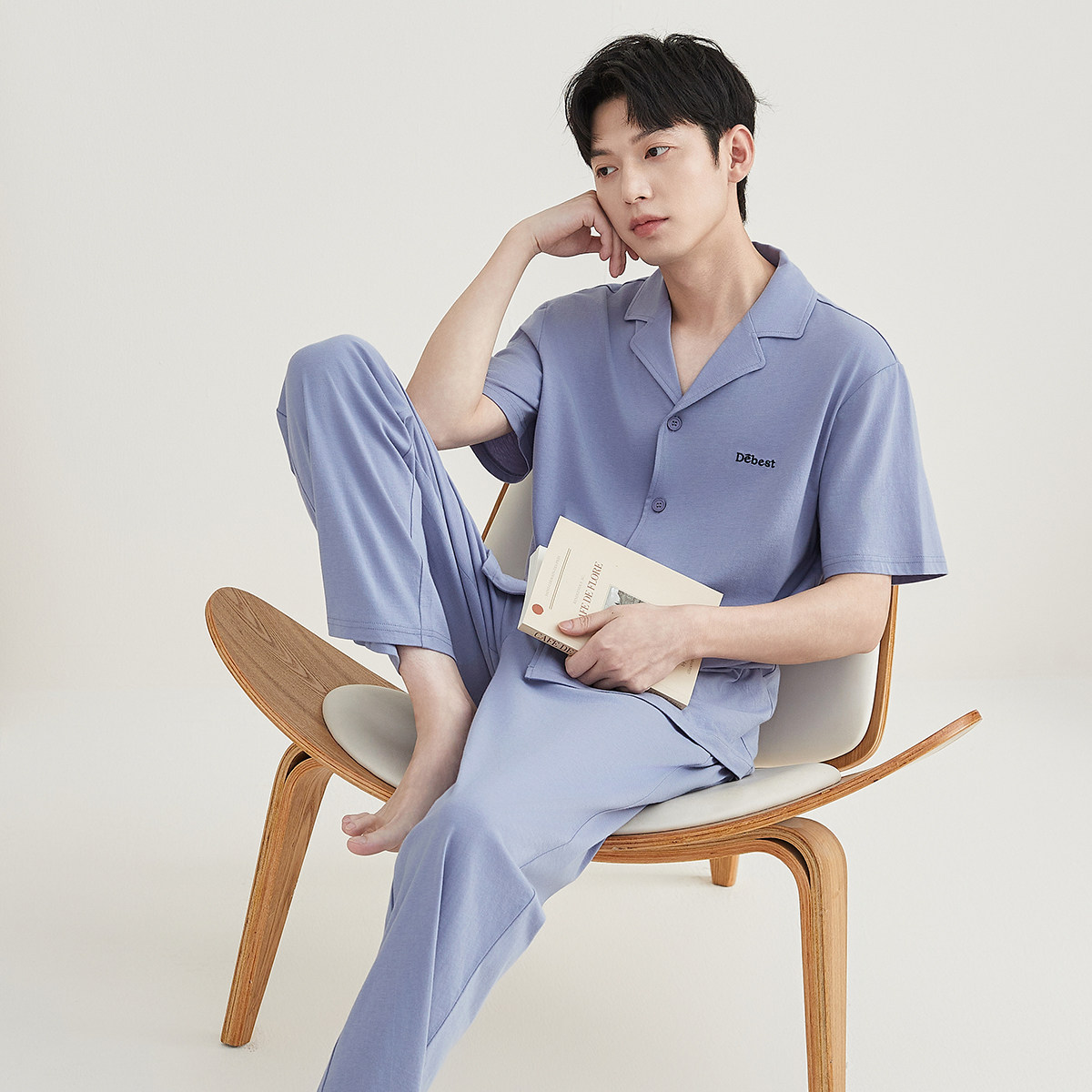 顶瓜瓜男全棉短袖长裤翻领开襟薄款空调房可外穿睡衣家居服套装