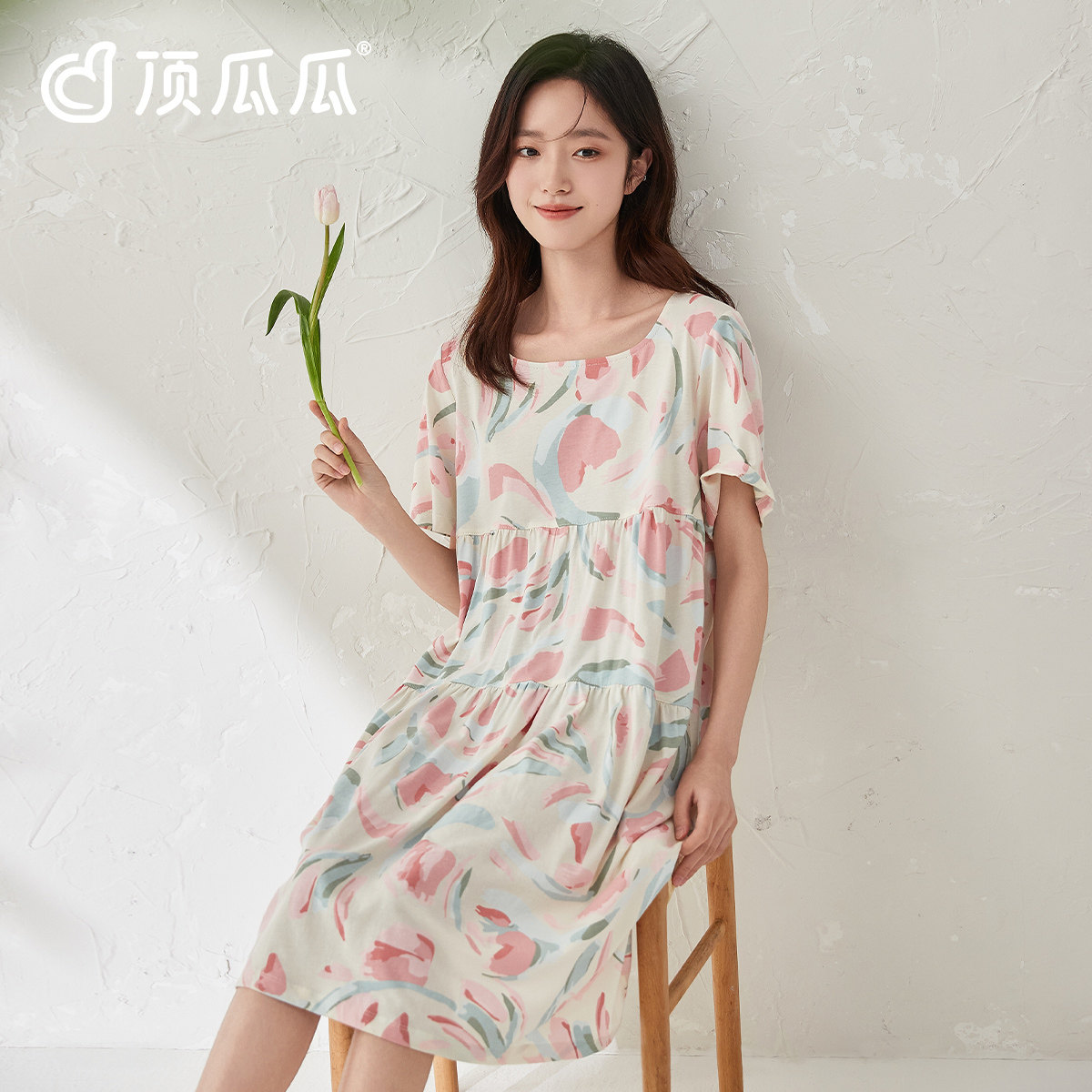 顶瓜瓜女士印花睡裙圆领套头纯棉家居裙顶呱呱天然亲肤裙子可外穿