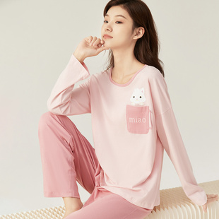 夏季 2025新款 纯棉长袖 长裤 顶呱呱薄款 圆领家居服女士套装 睡衣女款
