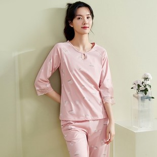 顶呱呱全棉睡衣女款2025新款夏季纯棉长袖长裤圆领家居服女士100%