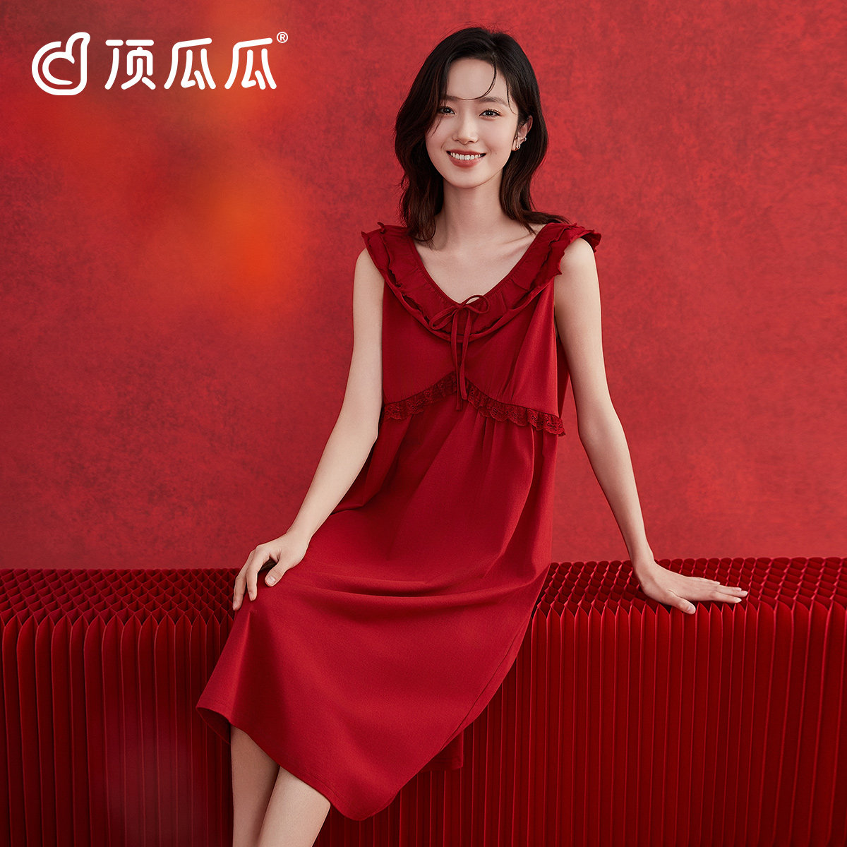 顶呱呱夏季结婚喜庆睡裙阳光棉套头V领女无袖睡裙顶瓜瓜性感中裙