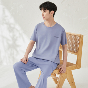 顶瓜瓜男薄款家居服纯棉透气短袖长裤家居服顶呱呱宽松简约可外穿