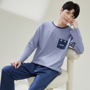 顶瓜瓜夏季长袖长裤睡衣圆领纯棉家居服套装顶呱呱休闲宽松睡衣男