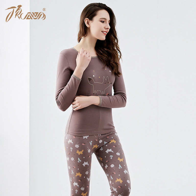 顶呱呱秋冬女士秋衣秋裤纯棉中厚打底棉毛衫全棉印花保暖内衣套装,女士内衣/男士内衣/家居服,保暖套装,淘宝优惠券,粉丝福利购,淘宝优惠卷