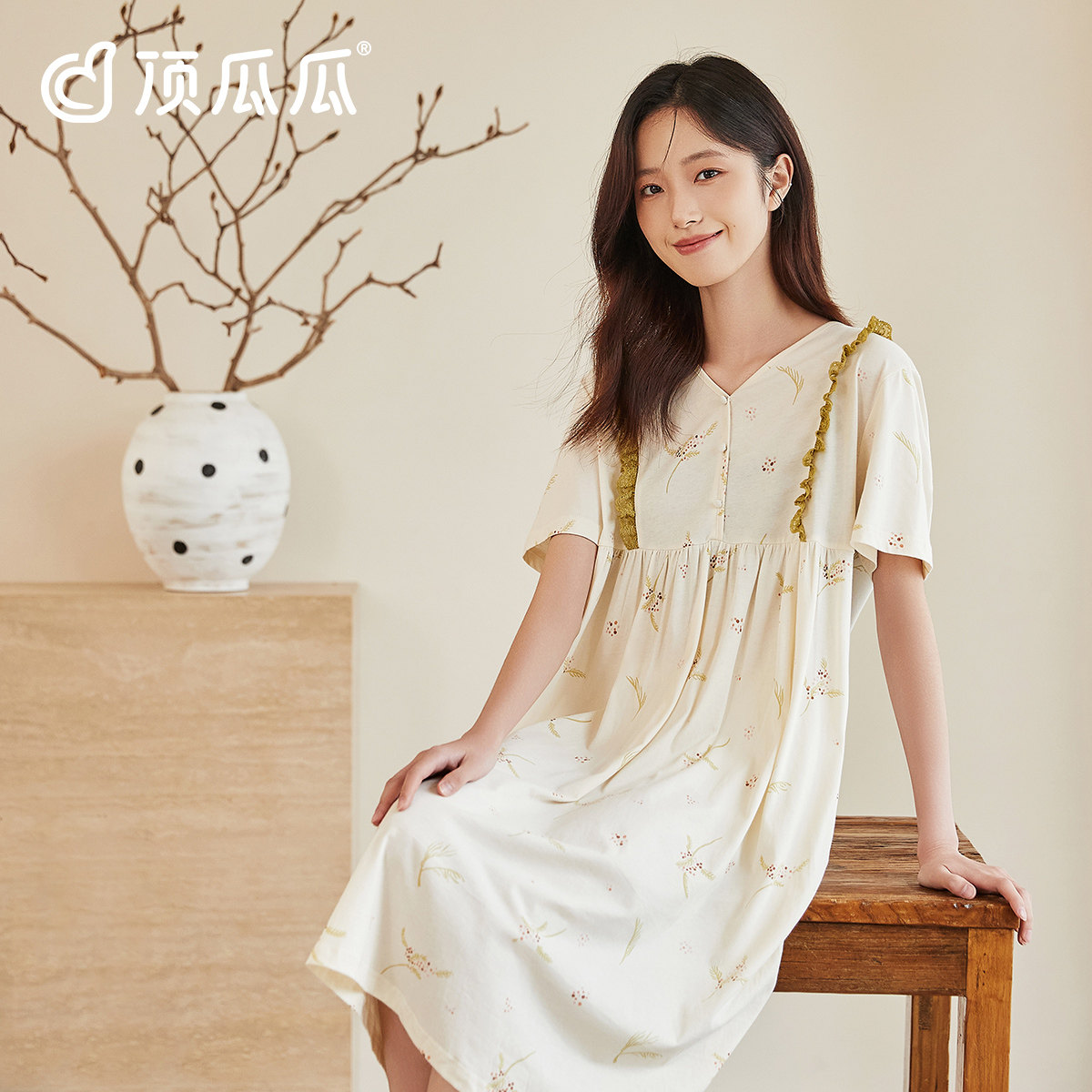 顶瓜瓜女士夏季阳光棉套头V领香叶草短袖睡裙顶呱呱蕾丝甜美睡裙
