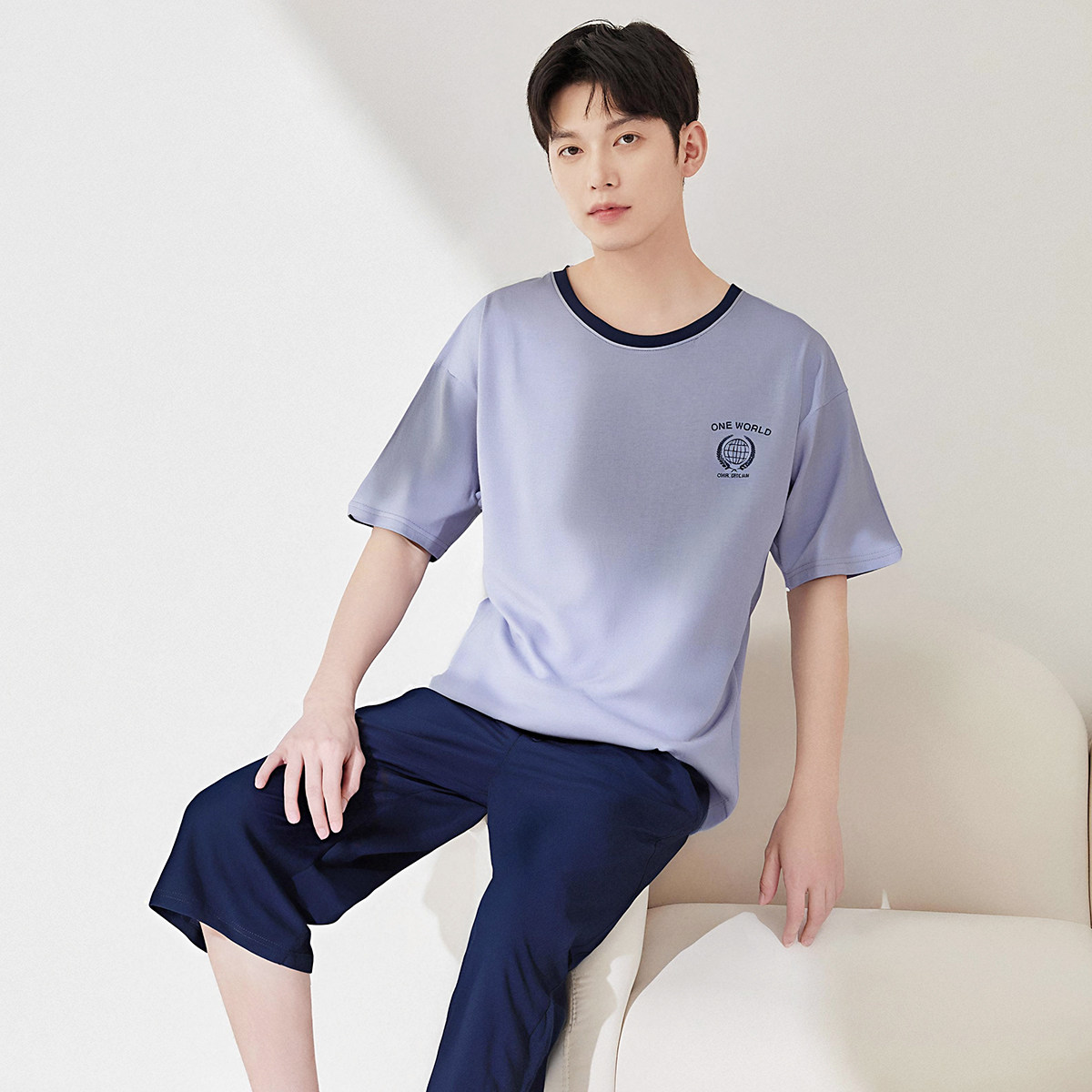 顶呱呱阳光棉男士短袖睡衣套头圆领简约七分裤纯棉家居服套装夏季