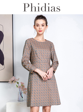 Phidias连衣裙女新款春季田园风圆领套头时尚印花长袖裙子