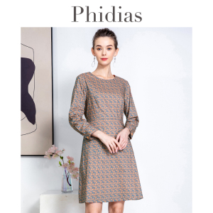 Phidias连衣裙女新款春季田园风圆领套头时尚印花长袖裙子