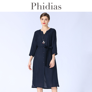 Phidias格子复古中长款连衣裙春新款宽松大码收腰显瘦裙子