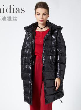 Phidias黑色轻薄羽绒服女新款中长款时尚洋气保暖亮面外套
